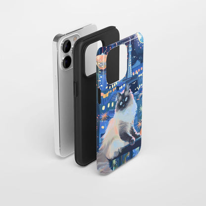 雙層半手工印花硬質霧面布娃娃貓 iPhone 手機殼