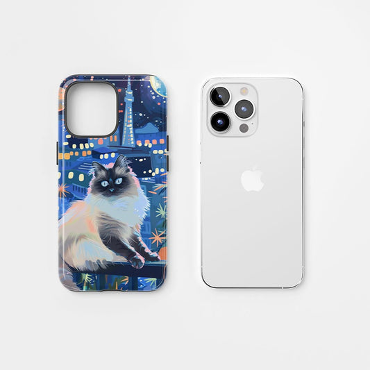雙層半手工印花硬質霧面布娃娃貓 iPhone 手機殼
