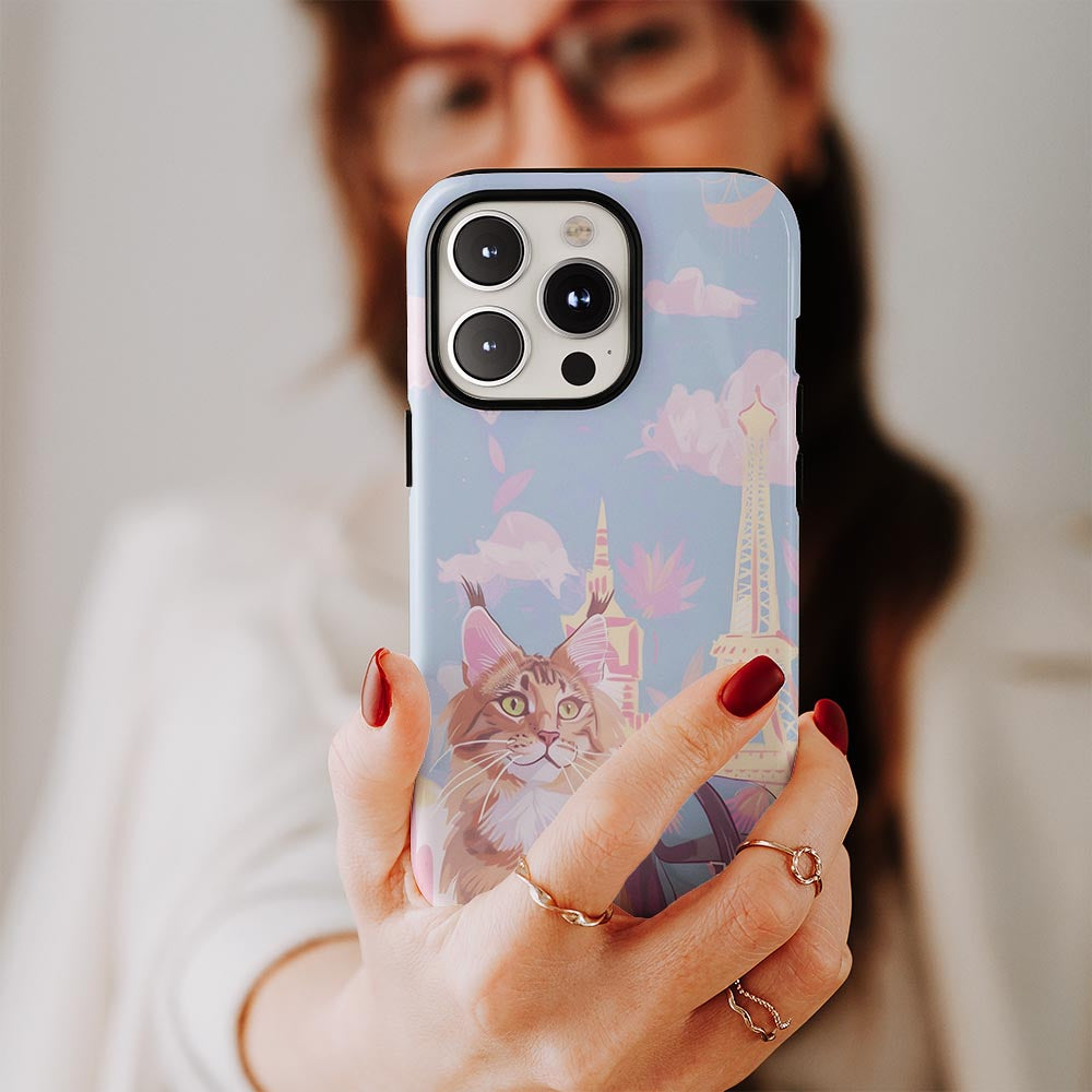 เคส iPhone แมวเมนคูนเคลือบด้านพิมพ์ลายด้วยมือสองชั้น 