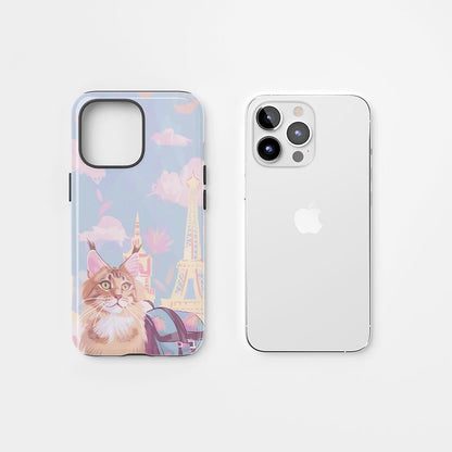 เคส iPhone แมวเมนคูนเคลือบด้านพิมพ์ลายด้วยมือสองชั้น 