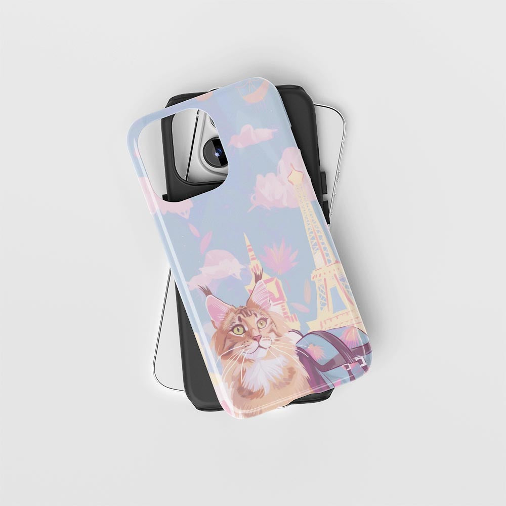 เคส iPhone แมวเมนคูนเคลือบด้านพิมพ์ลายด้วยมือสองชั้น 