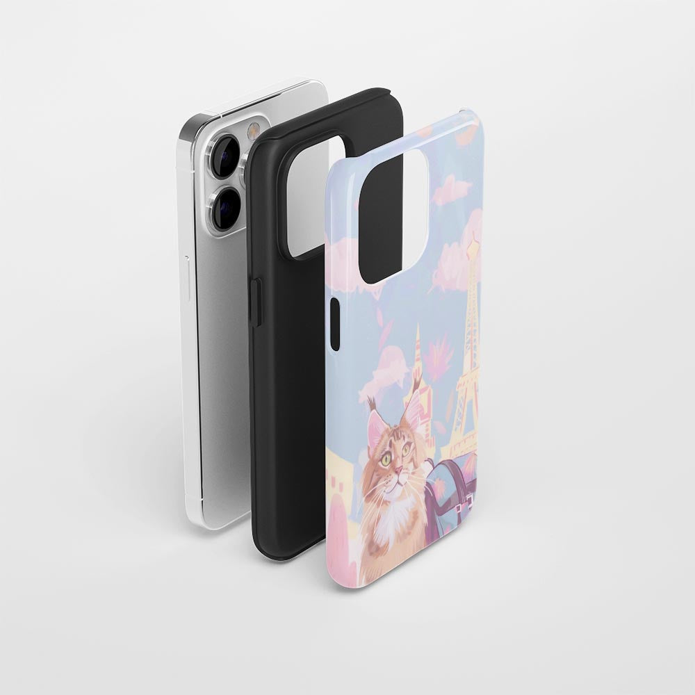 เคส iPhone แมวเมนคูนเคลือบด้านพิมพ์ลายด้วยมือสองชั้น 