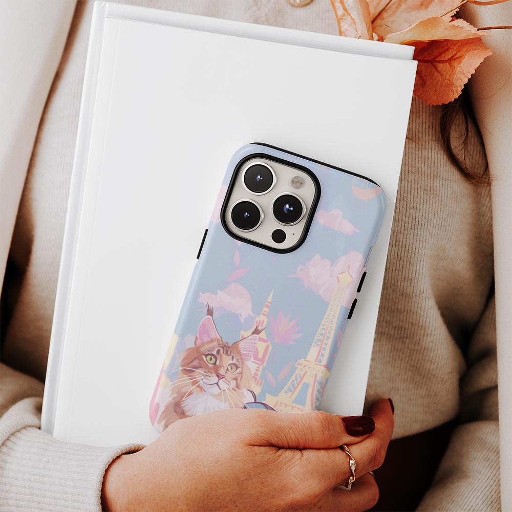 เคส iPhone แมวเมนคูนเคลือบด้านพิมพ์ลายด้วยมือสองชั้น 