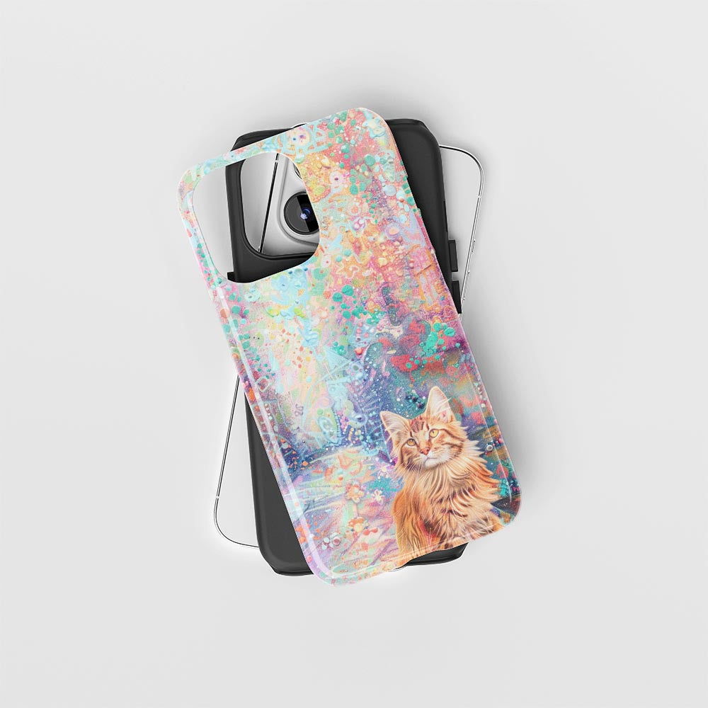 เคส iPhone แมวเมนคูนเคลือบด้านพิมพ์ลายด้วยมือสองชั้น 