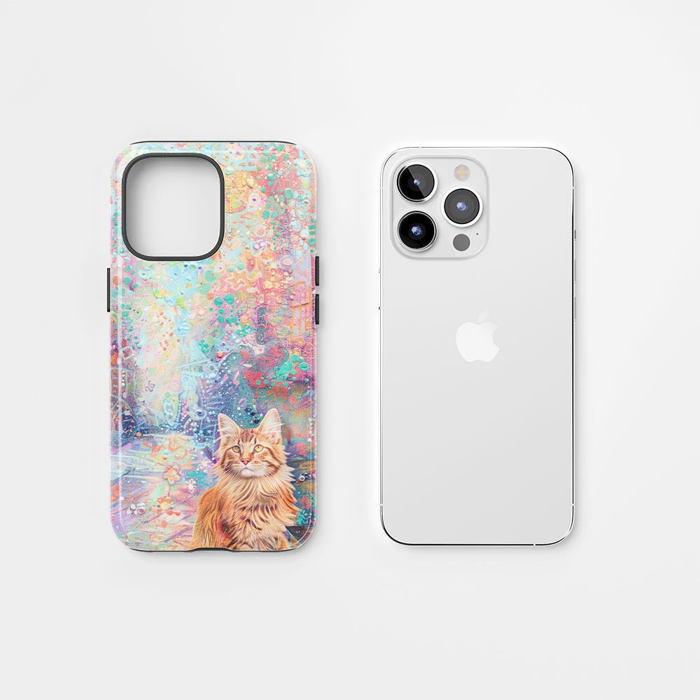 เคส iPhone แมวเมนคูนเคลือบด้านพิมพ์ลายด้วยมือสองชั้น 