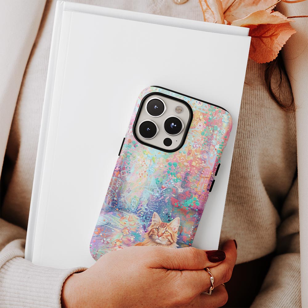 เคส iPhone แมวเมนคูนเคลือบด้านพิมพ์ลายด้วยมือสองชั้น 