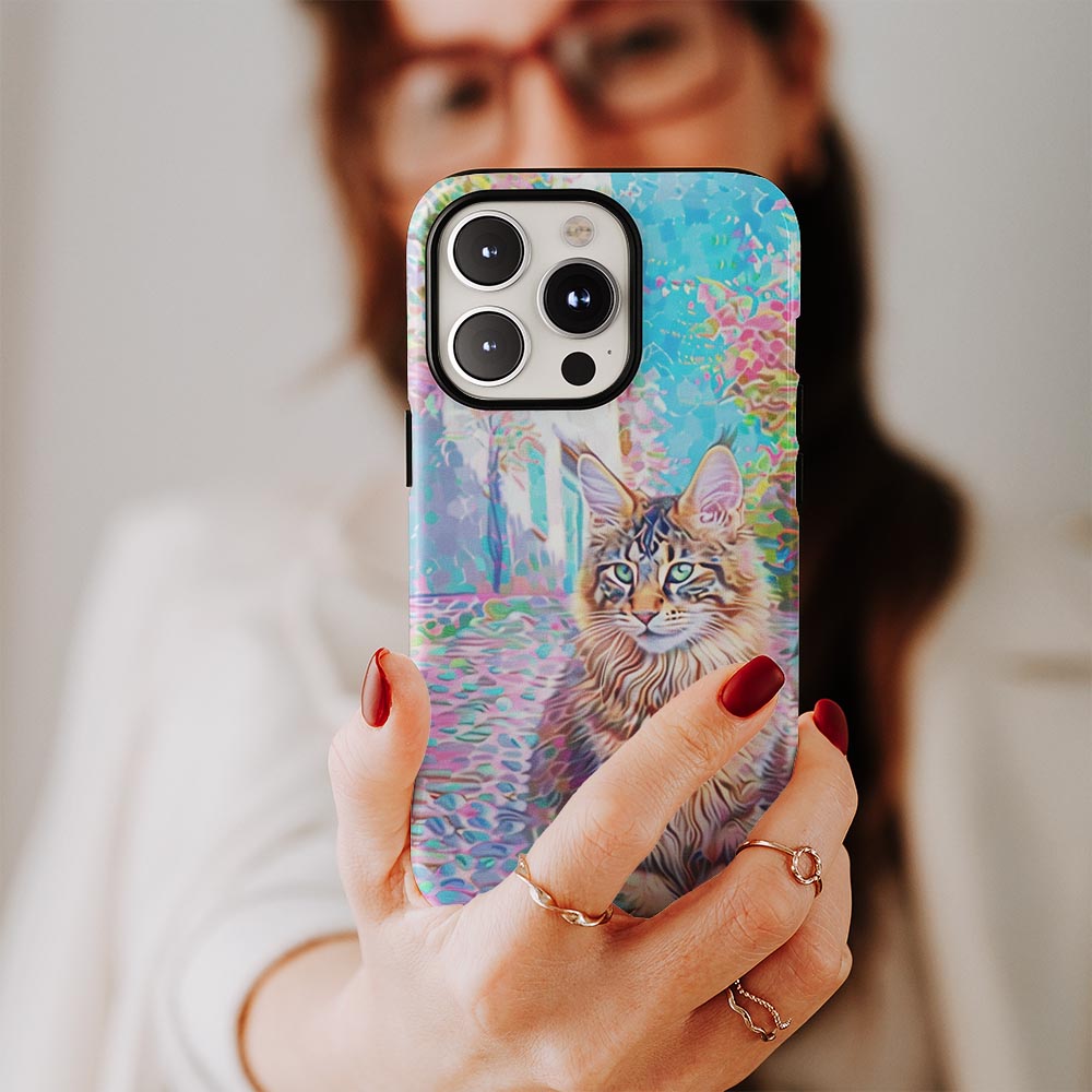 เคส iPhone ลายแมวเมนคูนแบบด้านแข็งพิมพ์ลายกึ่งมือสองชั้น 