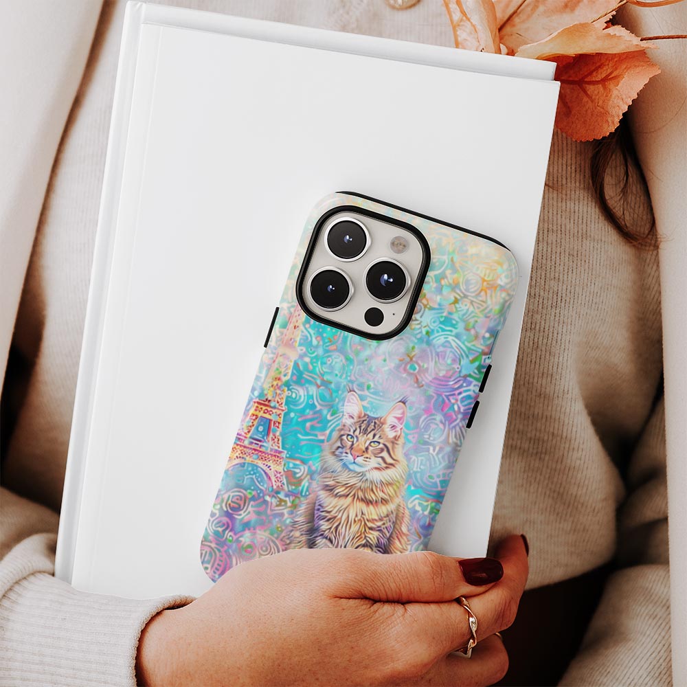 เคส iPhone ลายแมวเมนคูนแบบด้านแข็งพิมพ์ลายกึ่งมือสองชั้น 