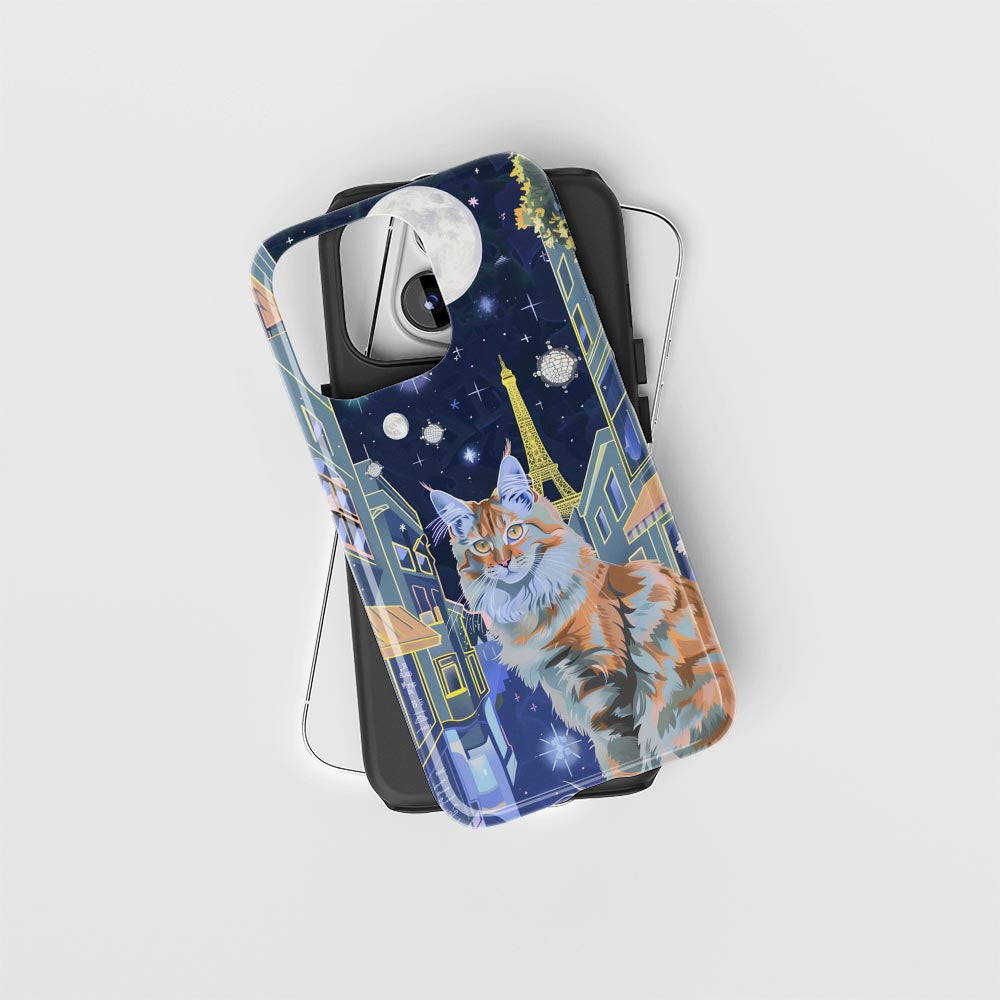 เคส iPhone แมวเมนคูนเคลือบด้านพิมพ์ลายด้วยมือสองชั้น 