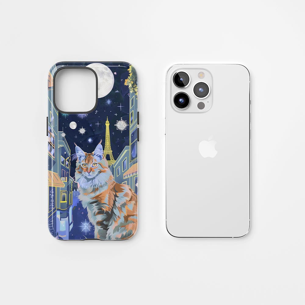 เคส iPhone แมวเมนคูนเคลือบด้านพิมพ์ลายด้วยมือสองชั้น 