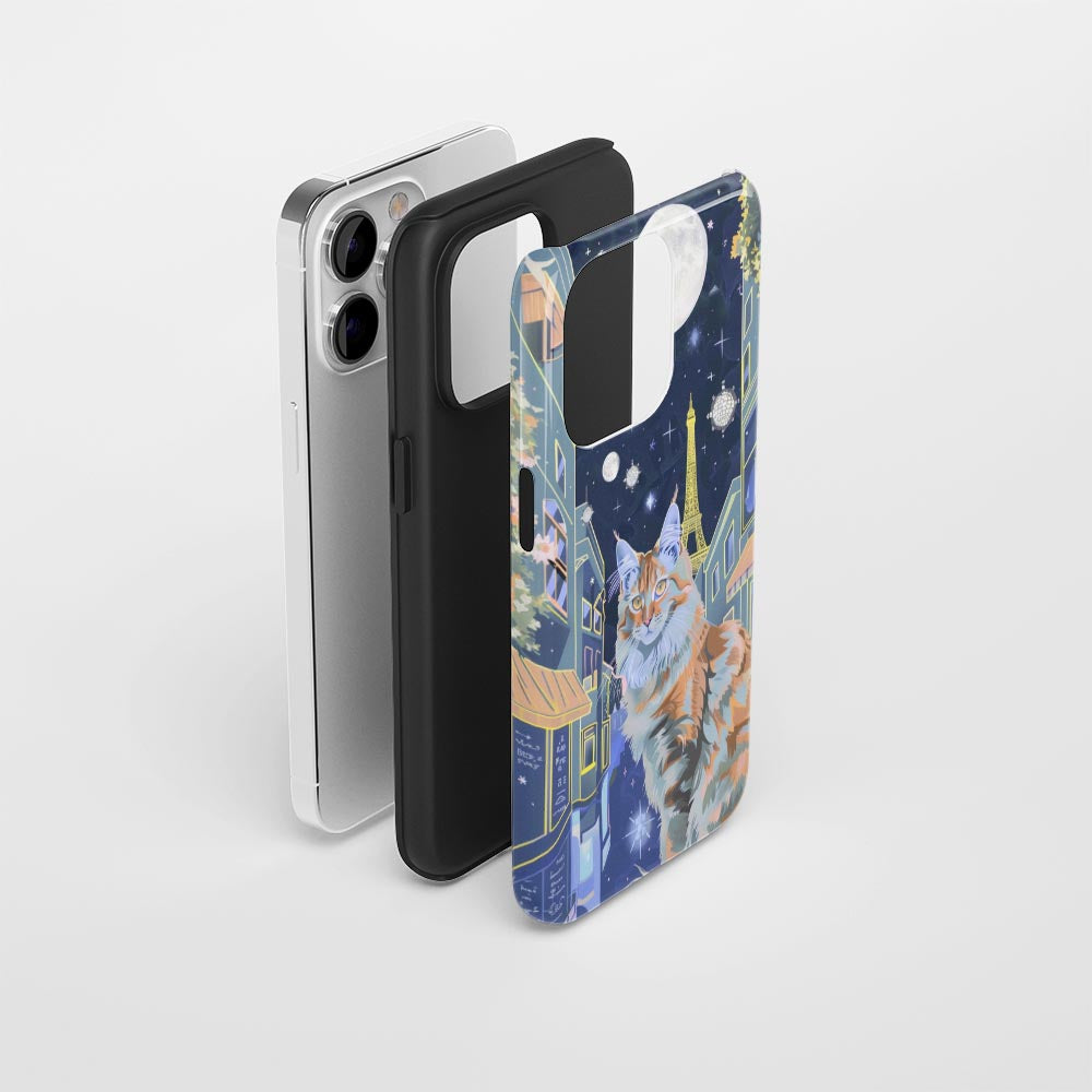 เคส iPhone แมวเมนคูนเคลือบด้านพิมพ์ลายด้วยมือสองชั้น 