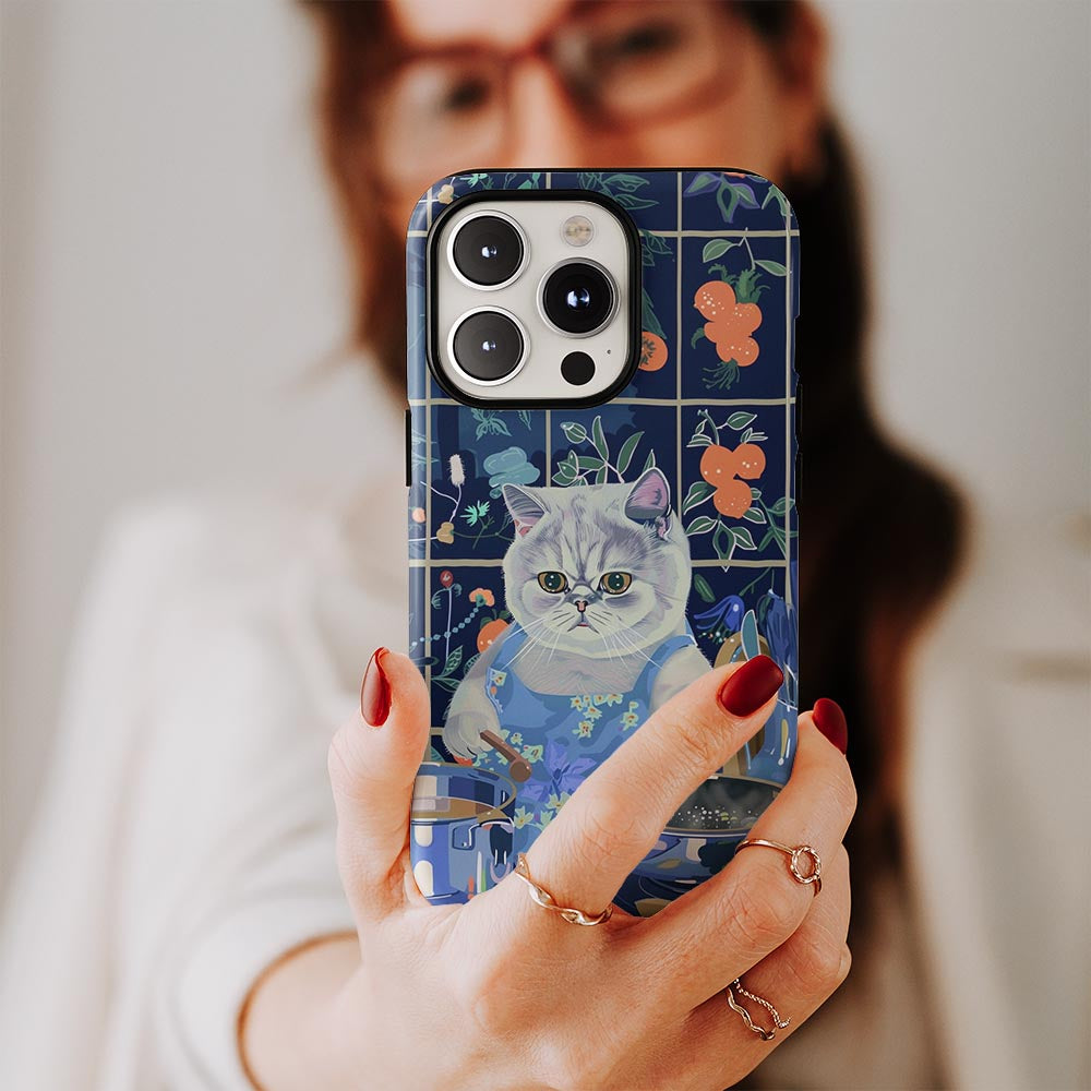 เคส iPhone แมวขนสั้นอังกฤษเคลือบด้านพิมพ์ลายด้วยมือสองชั้น 