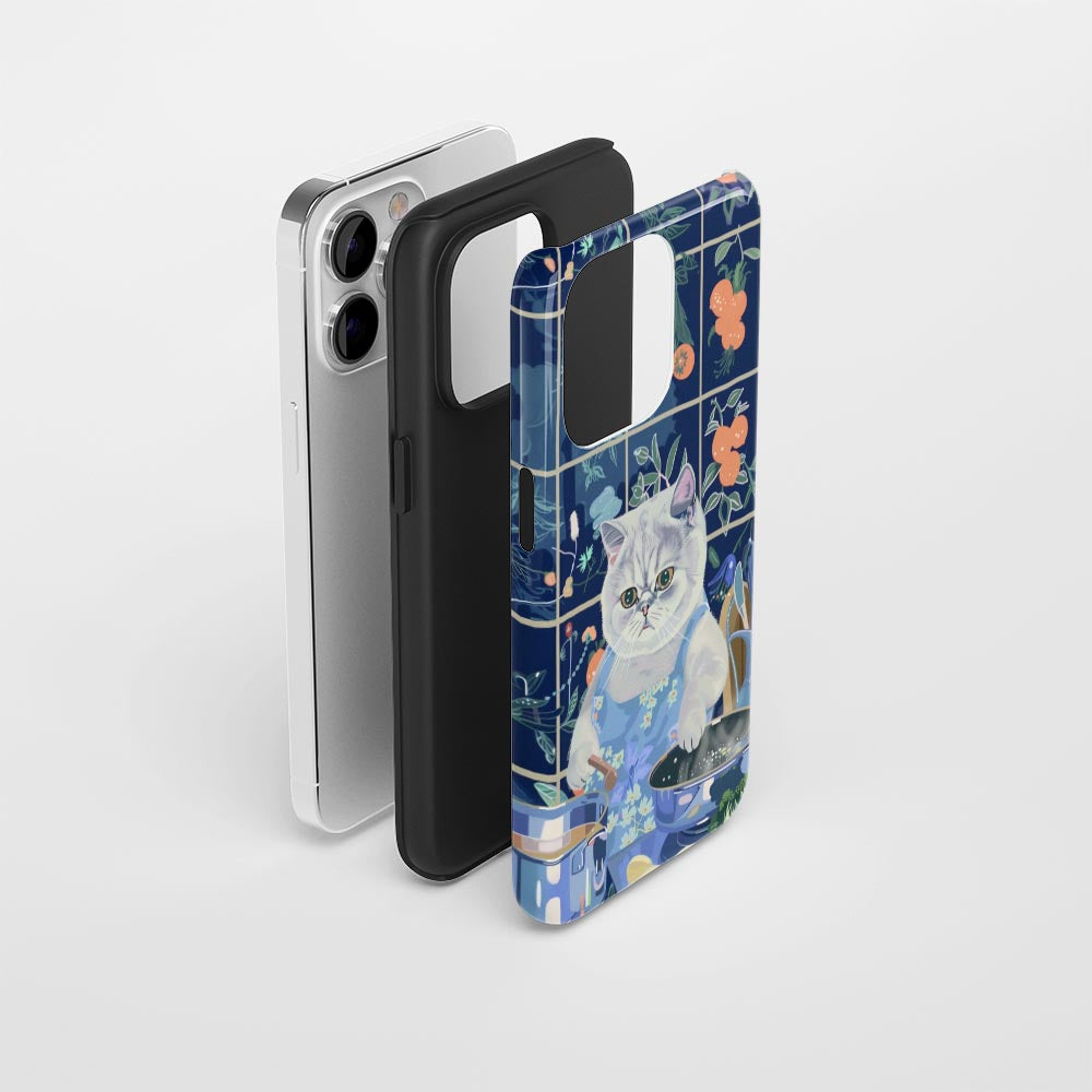 เคส iPhone แมวขนสั้นอังกฤษเคลือบด้านพิมพ์ลายด้วยมือสองชั้น 