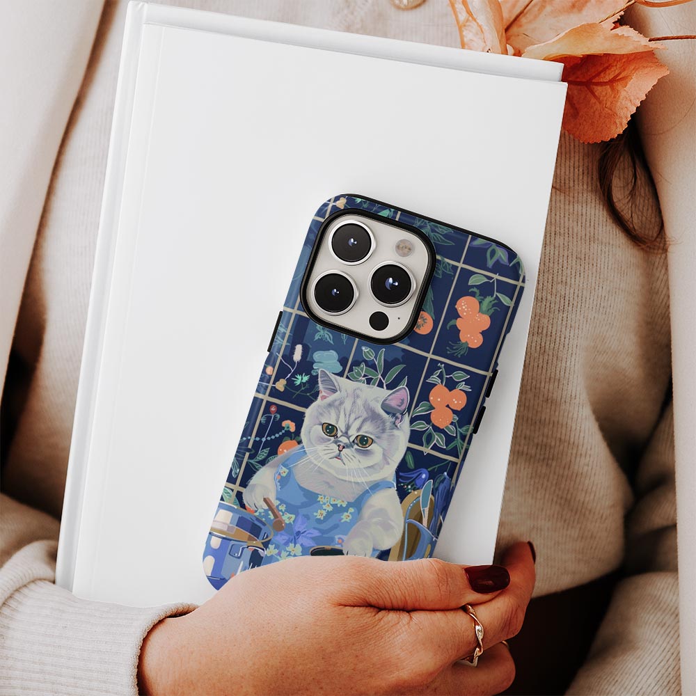 เคส iPhone แมวขนสั้นอังกฤษเคลือบด้านพิมพ์ลายด้วยมือสองชั้น 