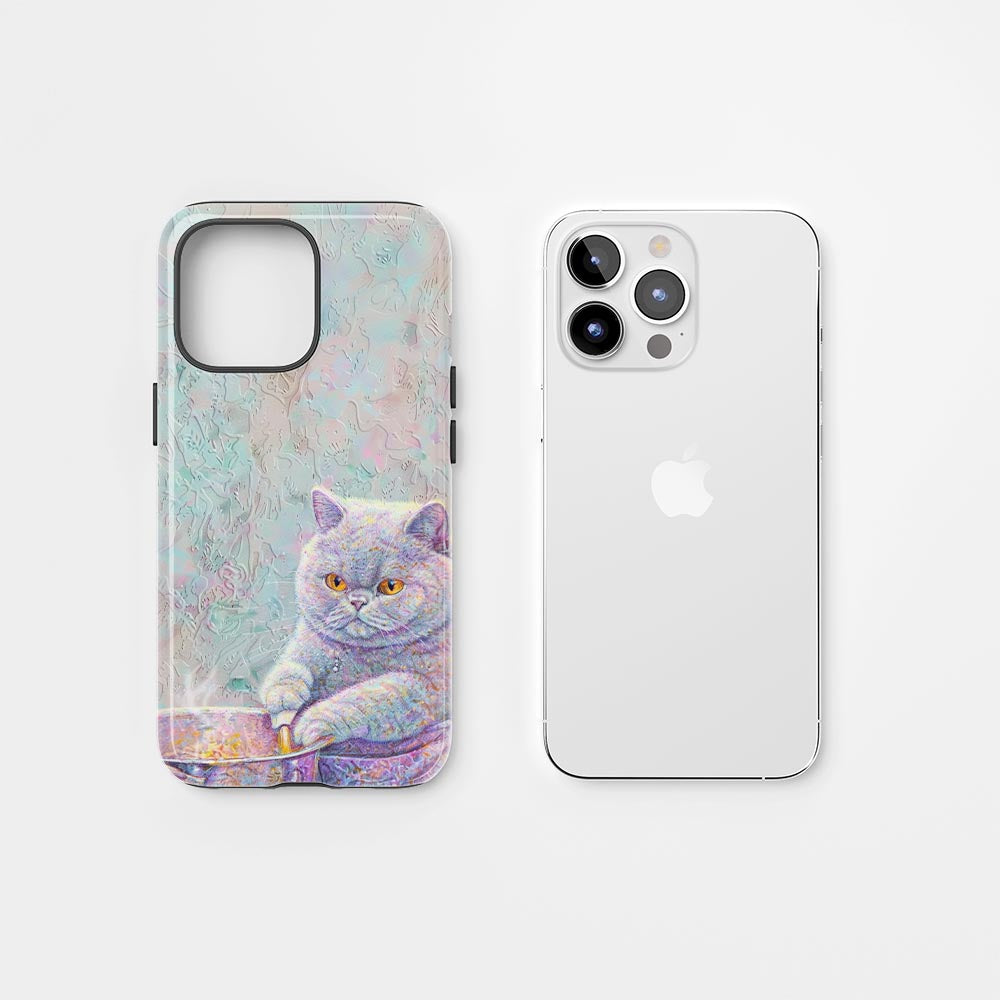 เคส iPhone แมวขนสั้นอังกฤษเคลือบด้านพิมพ์ลายด้วยมือสองชั้น 