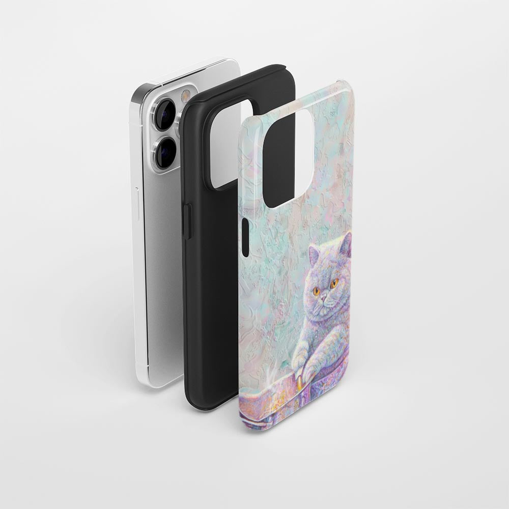 เคส iPhone แมวขนสั้นอังกฤษเคลือบด้านพิมพ์ลายด้วยมือสองชั้น 