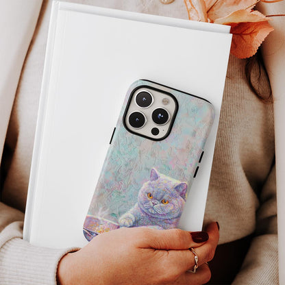 เคส iPhone แมวขนสั้นอังกฤษเคลือบด้านพิมพ์ลายด้วยมือสองชั้น 