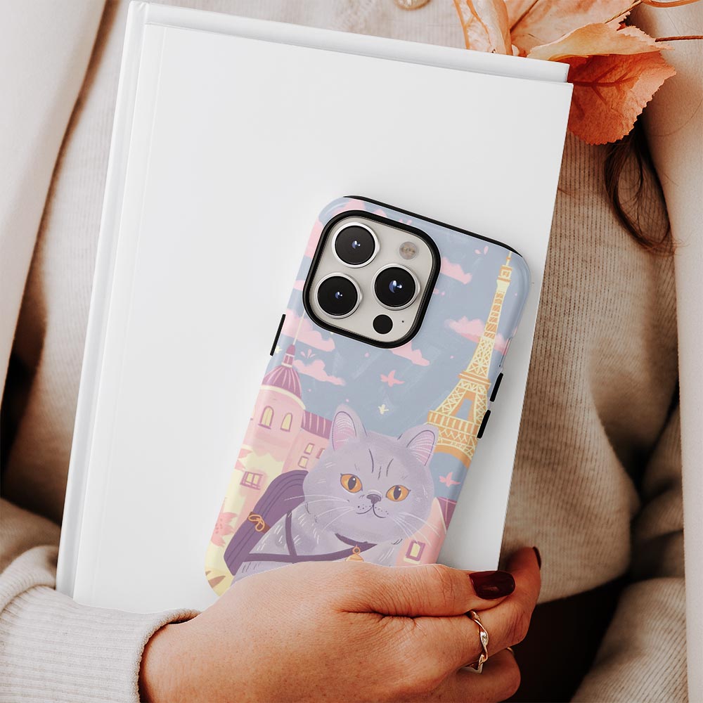 เคส iPhone แมวขนสั้นอังกฤษเคลือบด้านพิมพ์ลายด้วยมือสองชั้น 