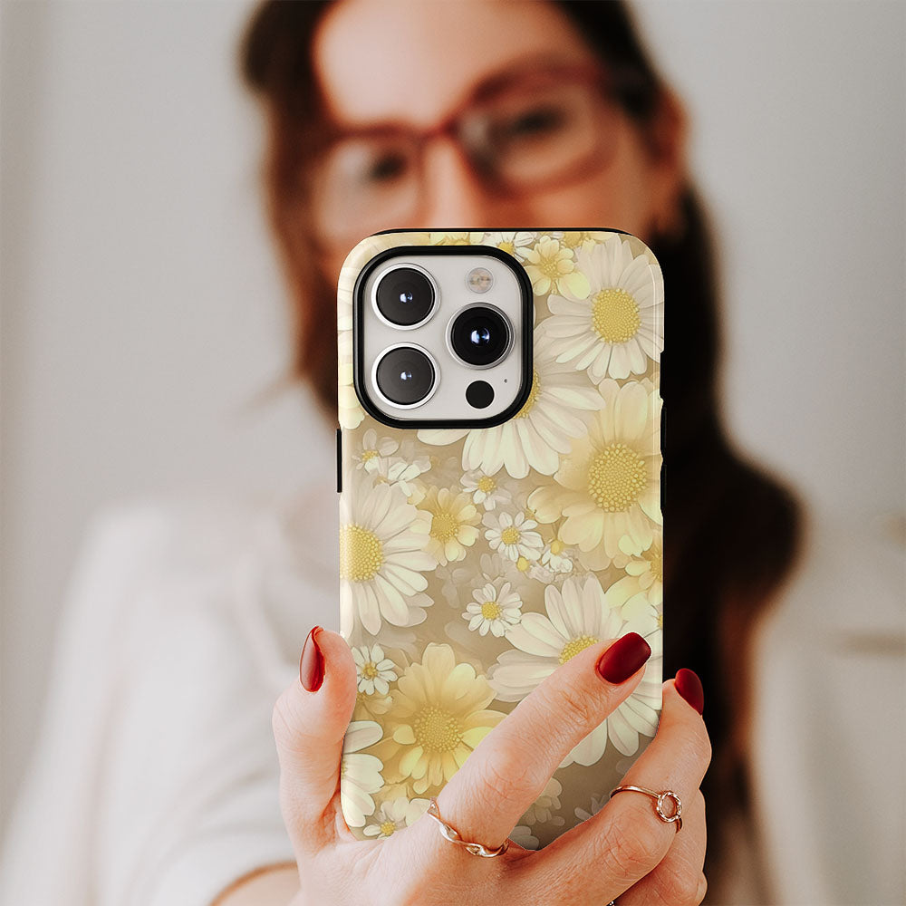 Double-Layer Semi-Handprinted Tough Matte Daisy iPhone Case