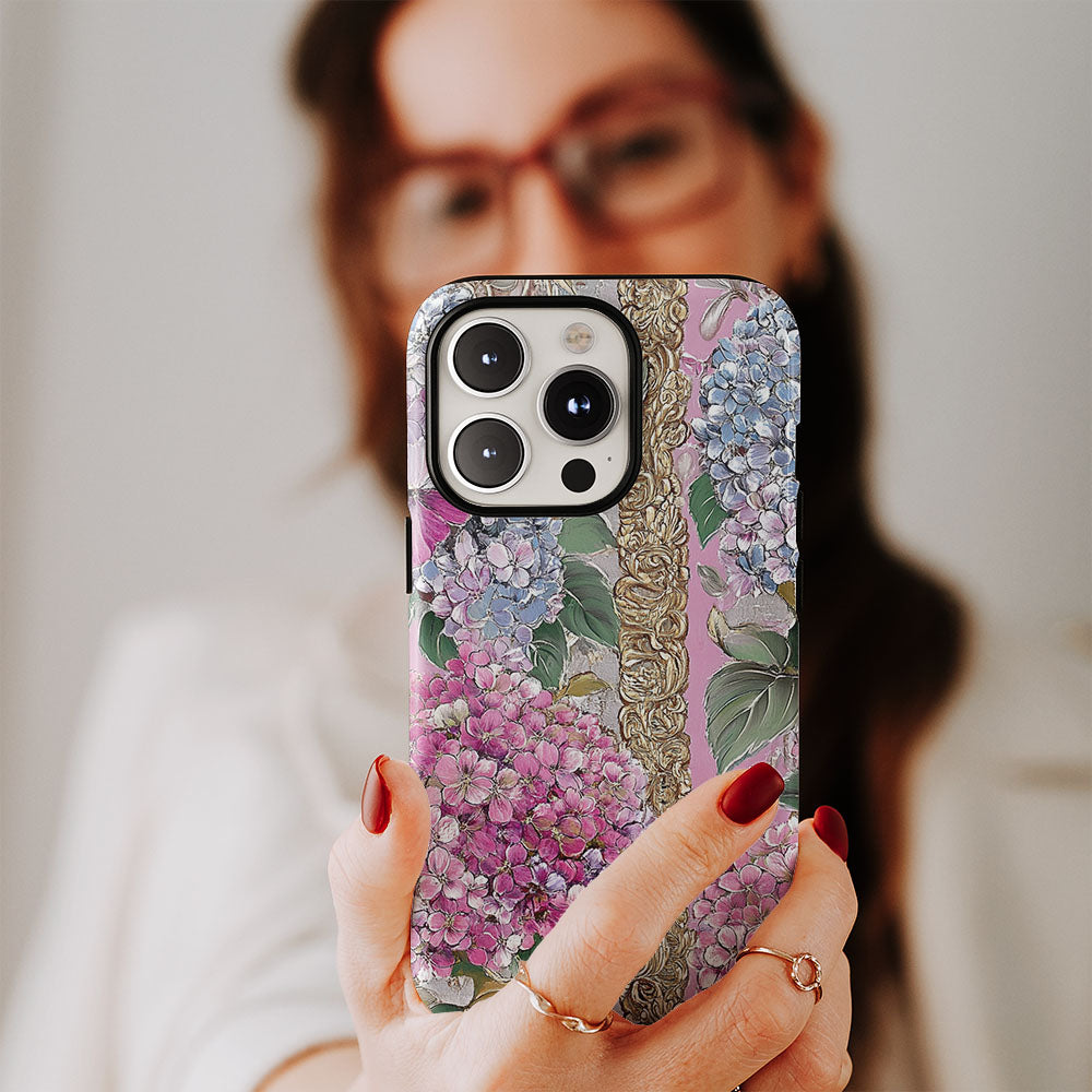 Double-Layer Semi-Handprinted Tough Matte Hydrangea iPhone Case