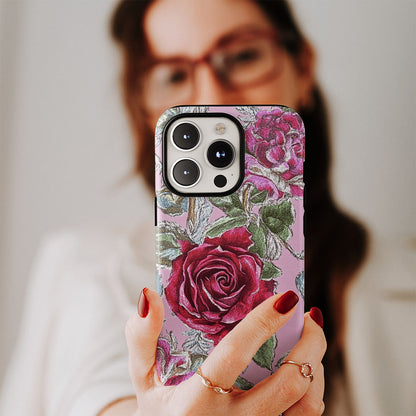 Double-Layer Semi-Handprinted Tough Matte Red Rose iPhone Case