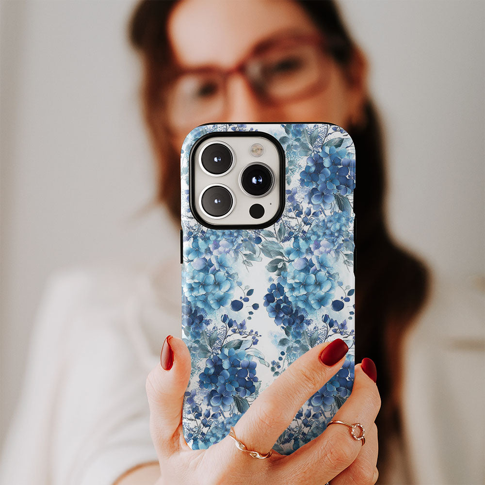 Double-Layer Semi-Handprinted Tough Matte Hydrangea iPhone Case