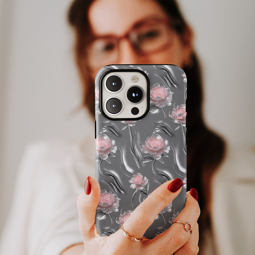 Double-Layer Semi-Handprinted Tough Matte Peony iPhone Case
