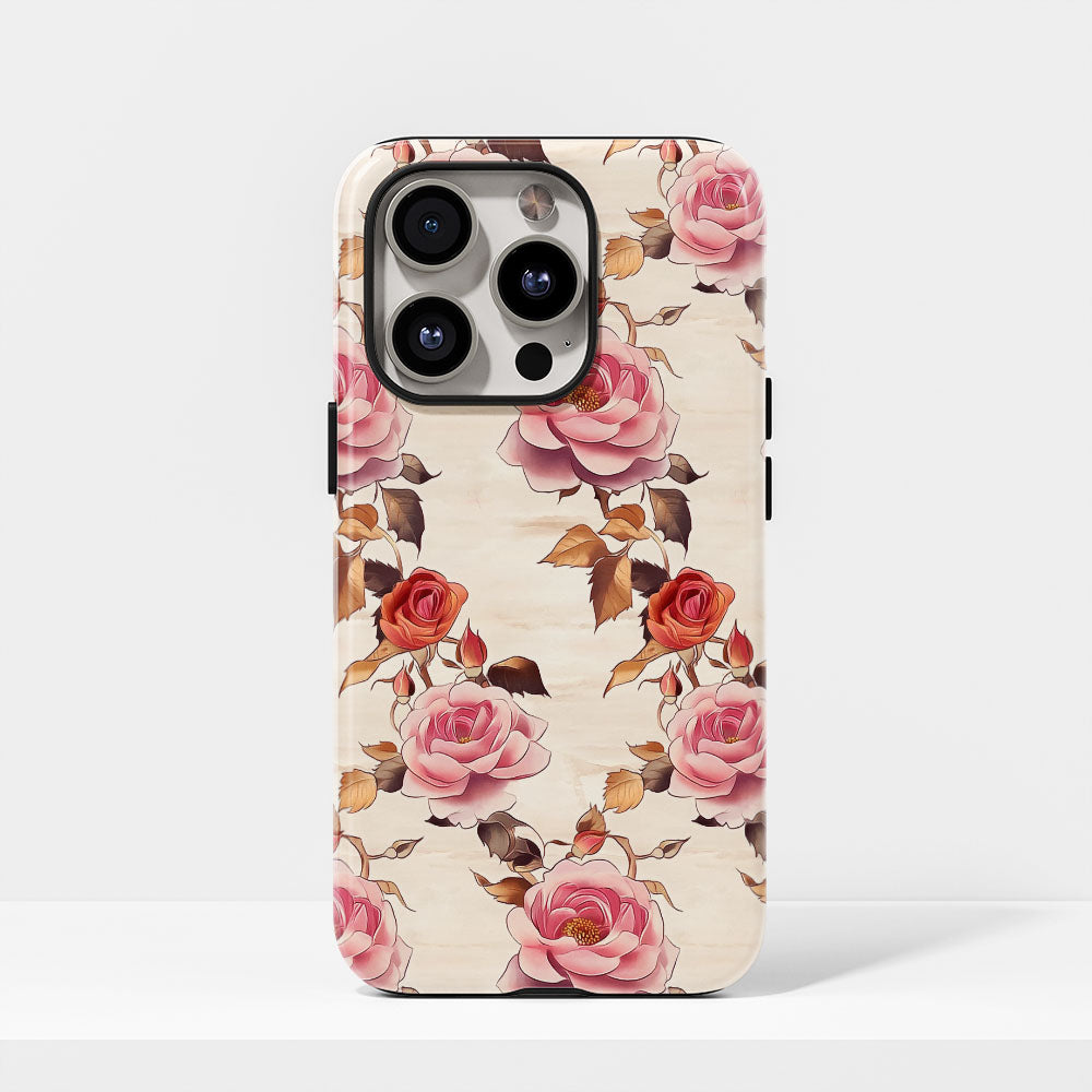 Double-Layer Semi-Handprinted Tough Matte Pink Rose iPhone Case