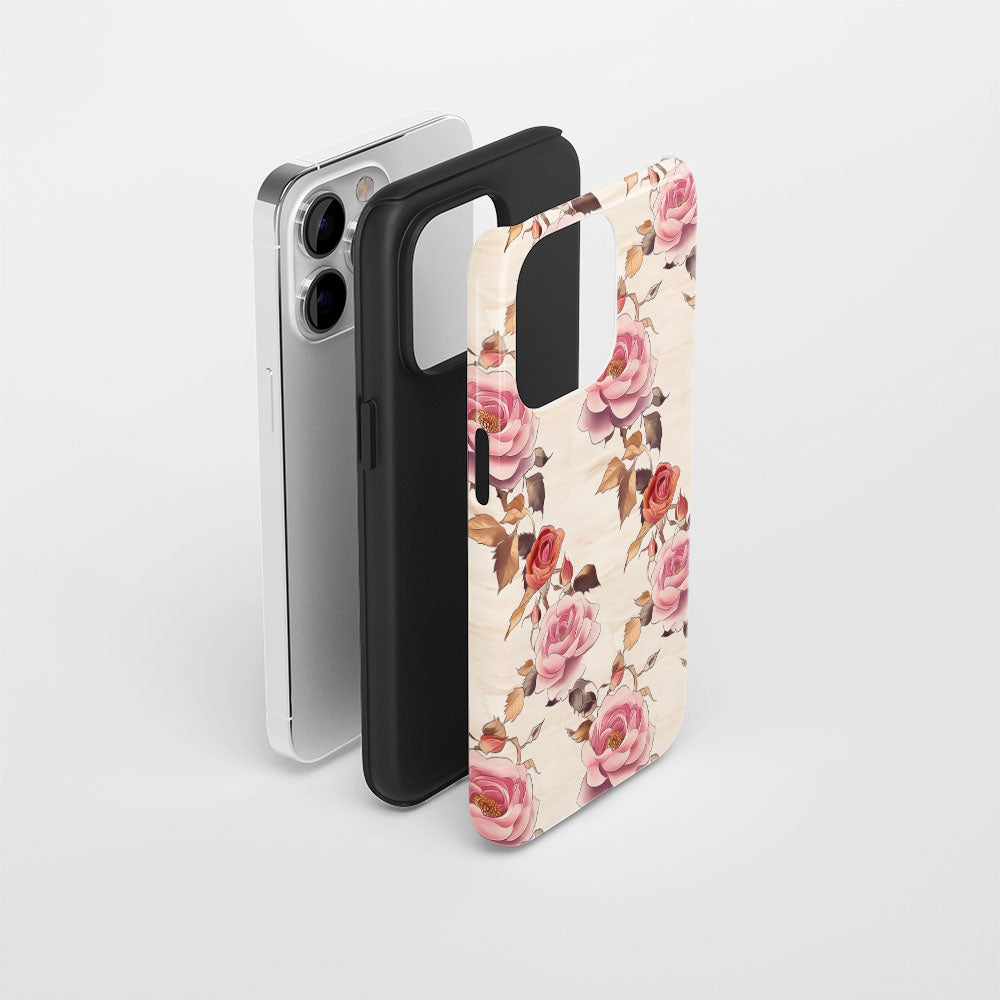 Double-Layer Semi-Handprinted Tough Matte Pink Rose iPhone Case