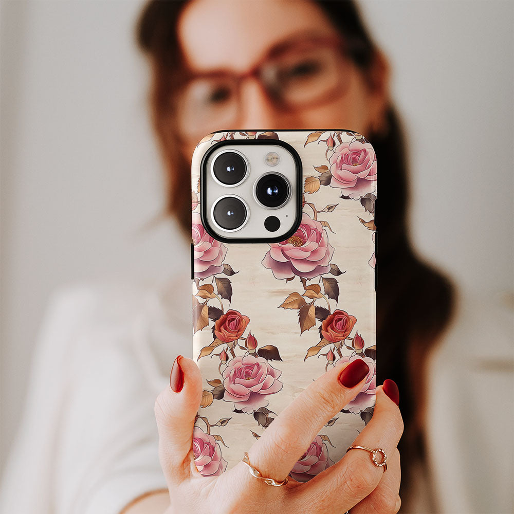 Double-Layer Semi-Handprinted Tough Matte Pink Rose iPhone Case