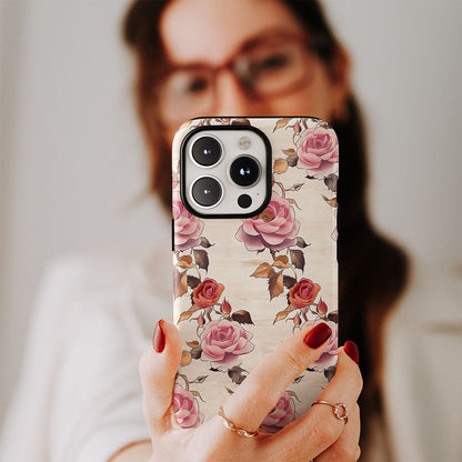 Double-Layer Semi-Handprinted Tough Matte Pink Rose iPhone Case