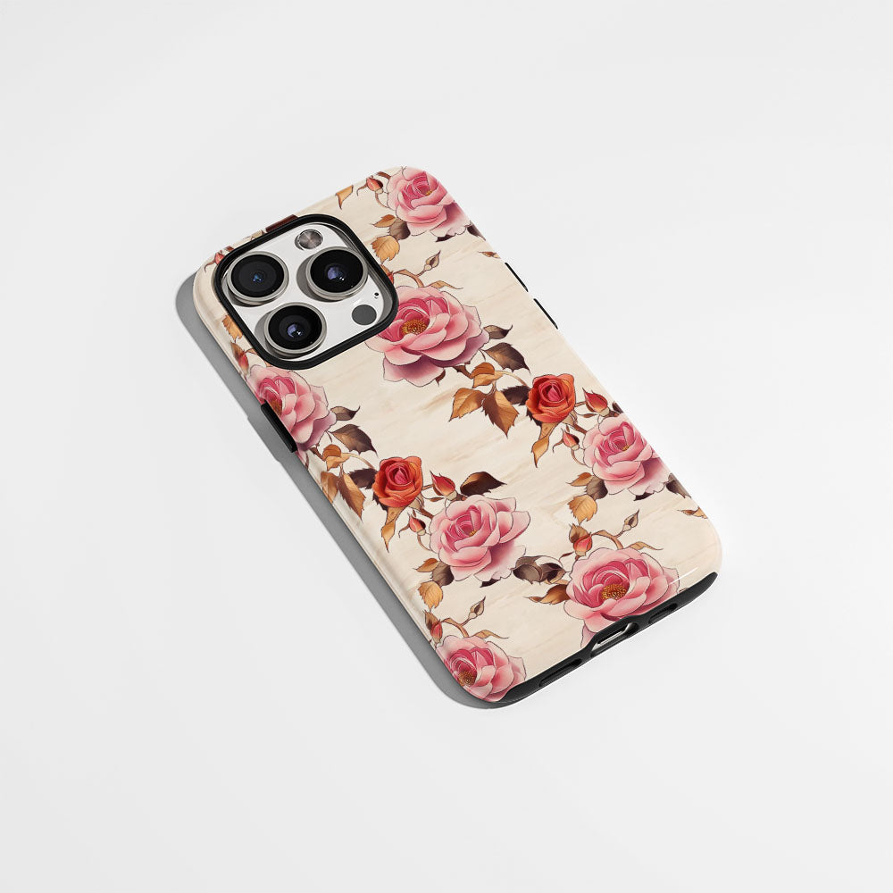 Double-Layer Semi-Handprinted Tough Matte Pink Rose iPhone Case