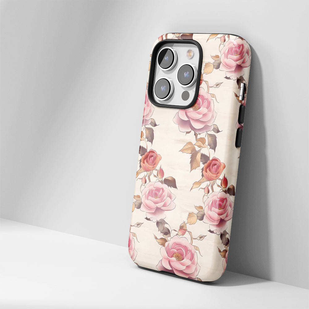 Double-Layer Semi-Handprinted Tough Matte Pink Rose iPhone Case