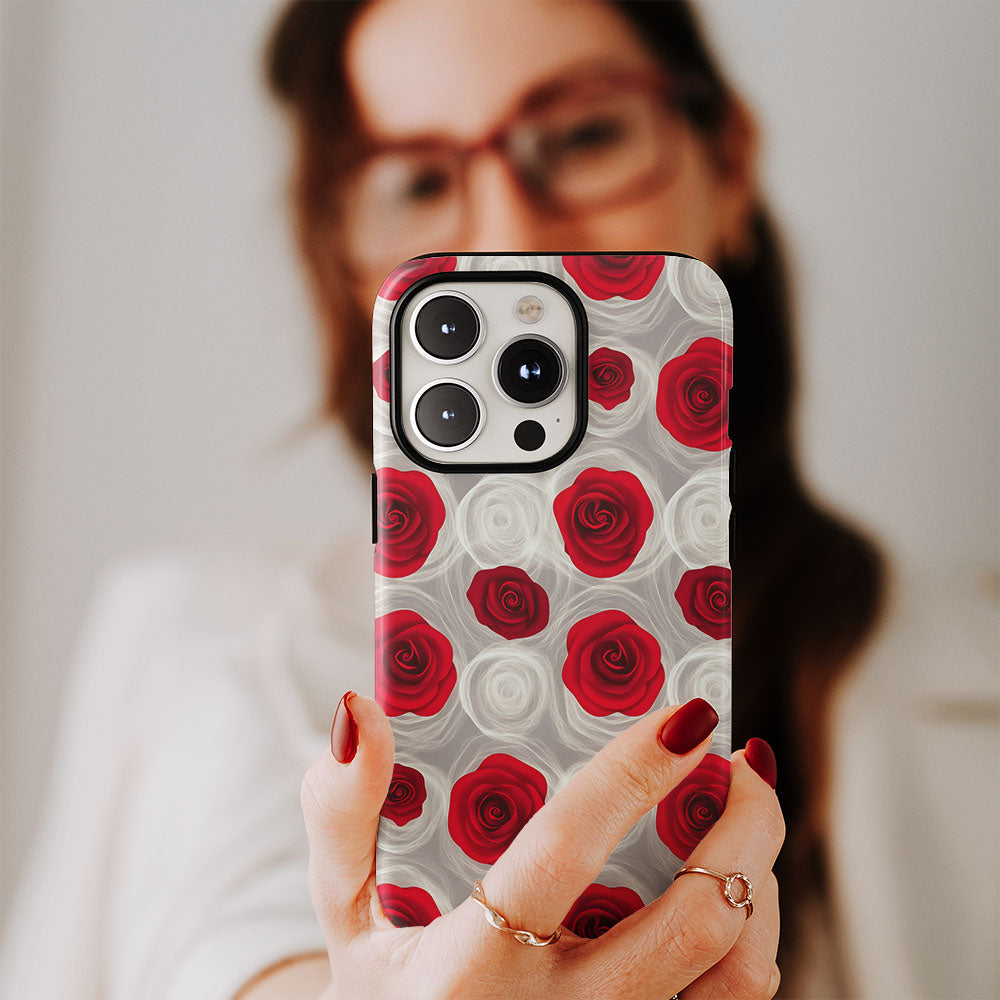 Double-Layer Semi-Handprinted Tough Matte Red Rose iPhone Case