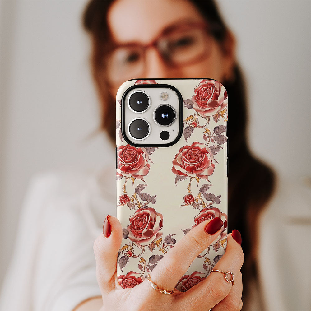 Double-Layer Semi-Handprinted Tough Matte Red Rose iPhone Case