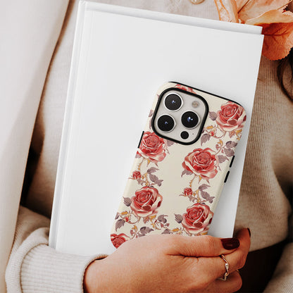 Double-Layer Semi-Handprinted Tough Matte Red Rose iPhone Case