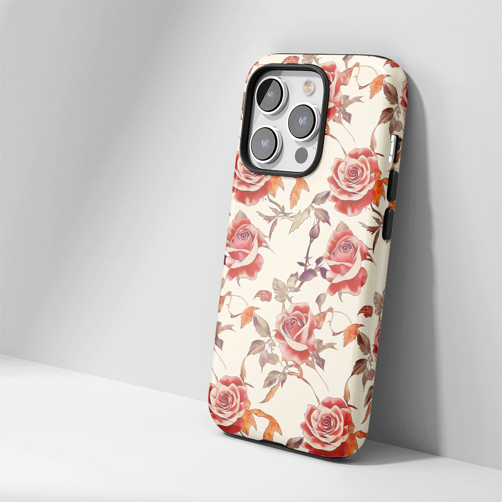 Double-Layer Semi-Handprinted Tough Matte Red Rose iPhone Case