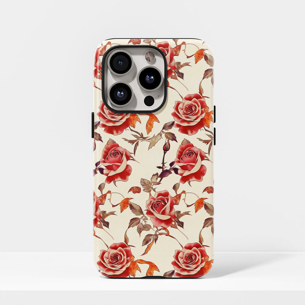 Double-Layer Semi-Handprinted Tough Matte Red Rose iPhone Case