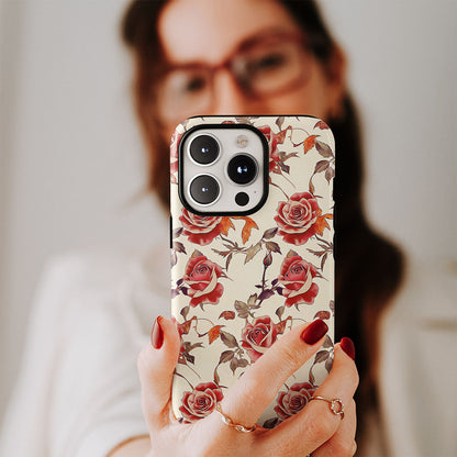 Double-Layer Semi-Handprinted Tough Matte Red Rose iPhone Case