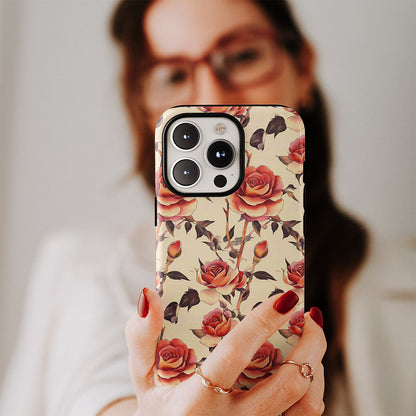 Double-Layer Semi-Handprinted Tough Matte Red Rose iPhone Case