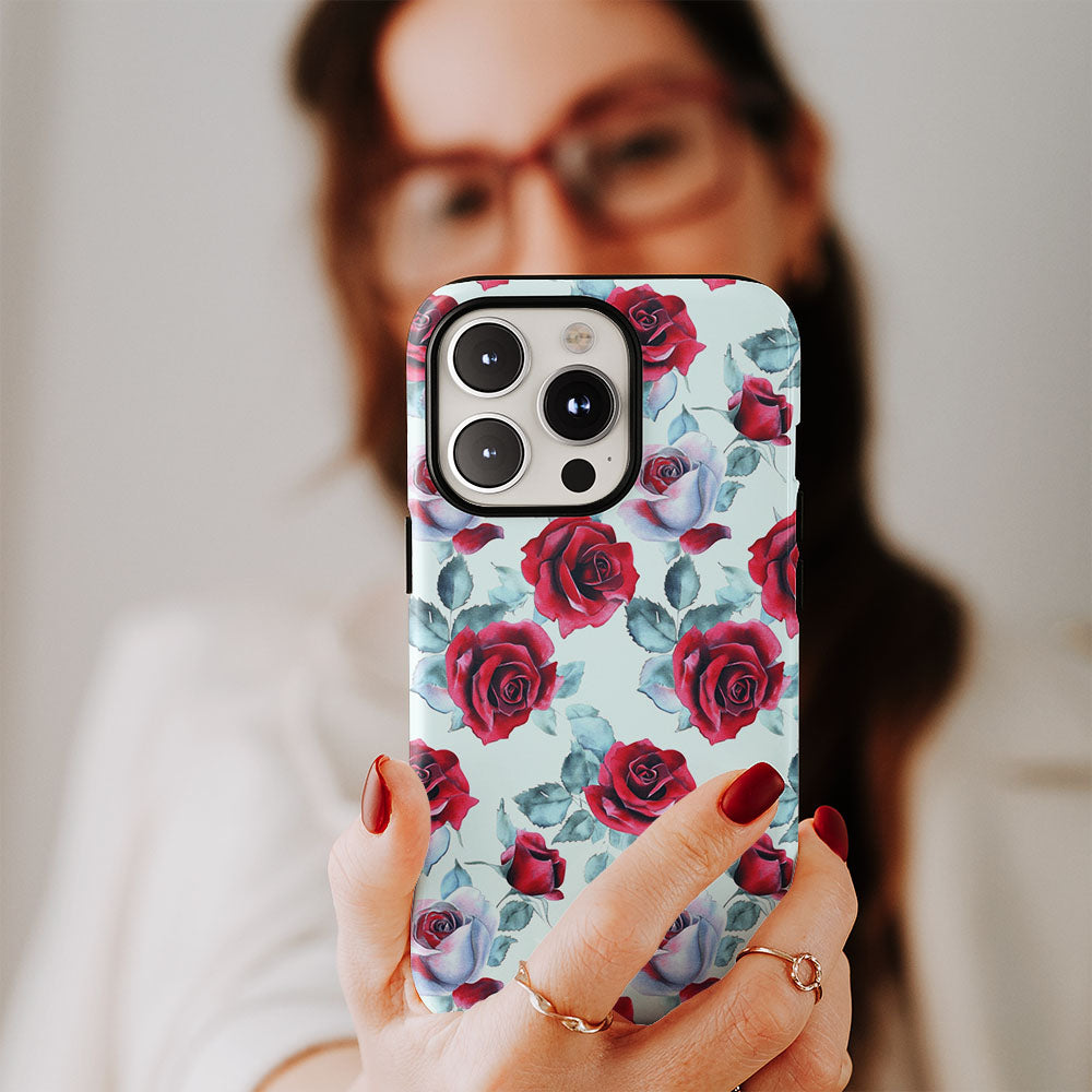 Double-Layer Semi-Handprinted Tough Matte Red Rose iPhone Case