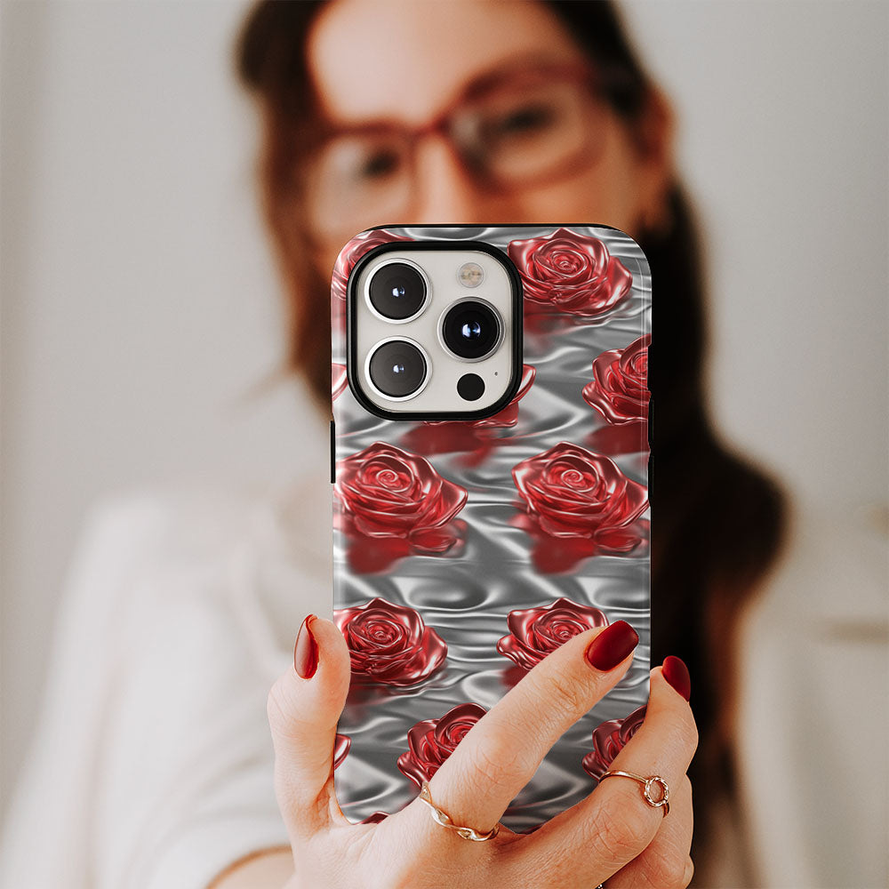 Double-Layer Semi-Handprinted Tough Matte Red Rose iPhone Case