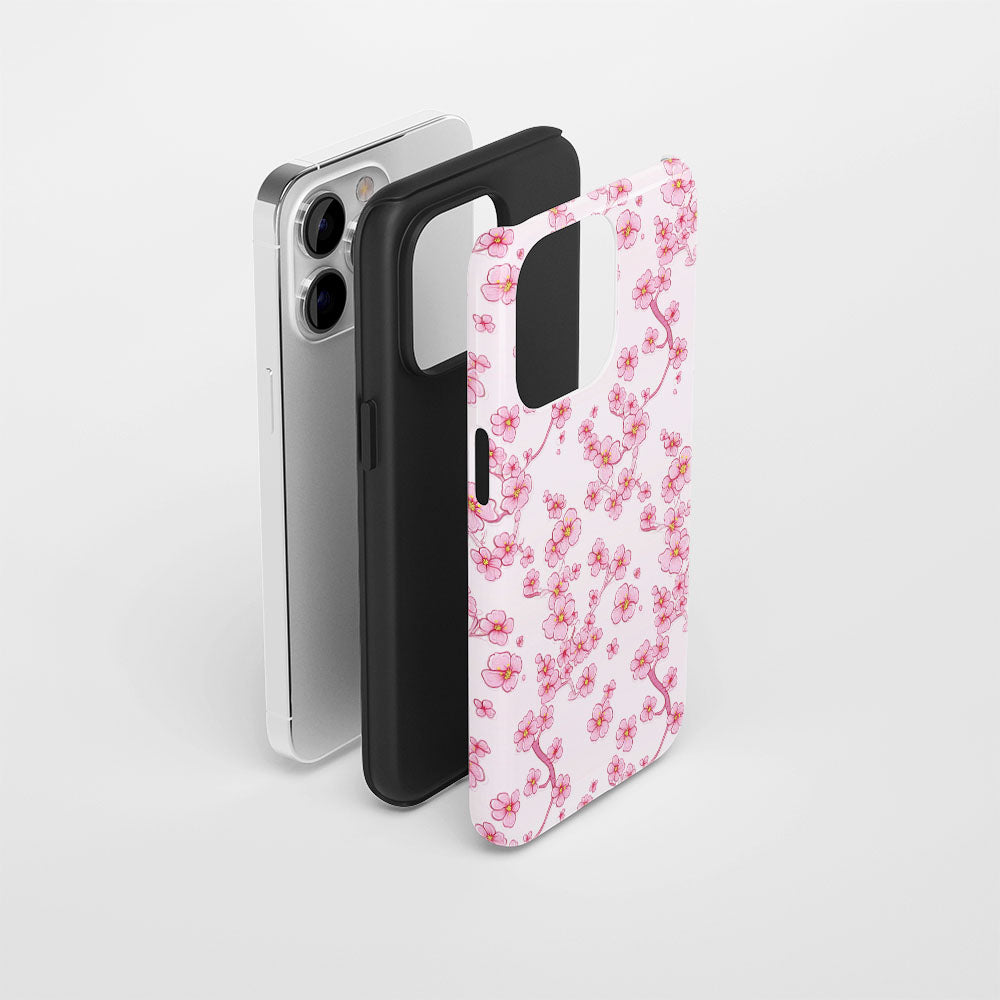 เคส iPhone Sakura แบบด้านแข็งพิมพ์ลายด้วยมือสองชั้น 