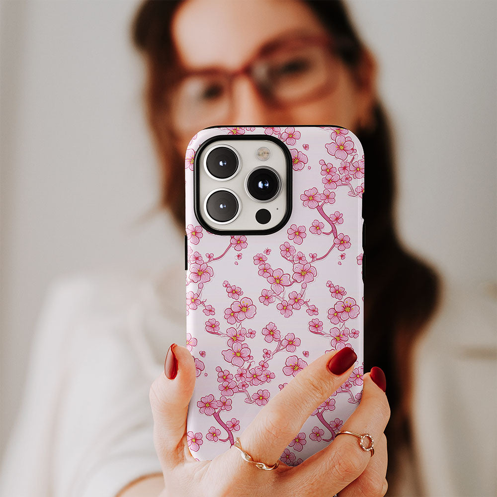 เคส iPhone Sakura แบบด้านแข็งพิมพ์ลายด้วยมือสองชั้น 