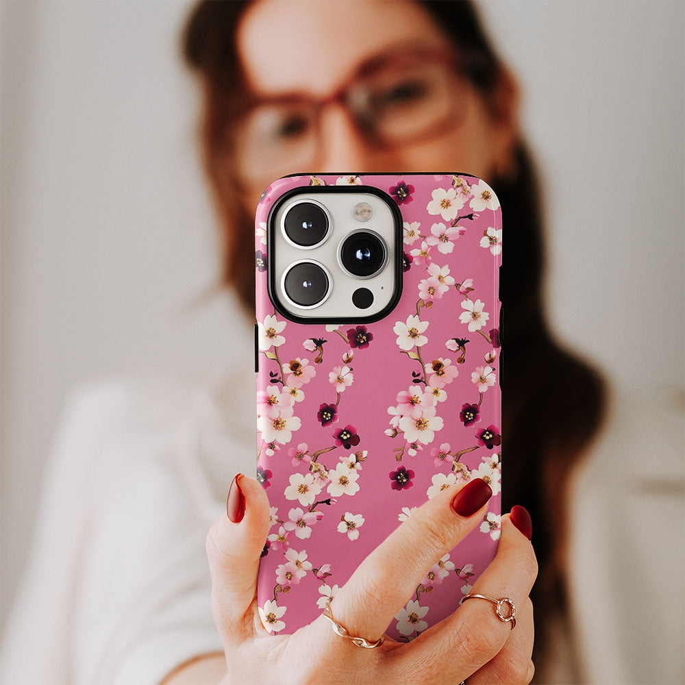 เคส iPhone Sakura แบบด้านแข็งพิมพ์ลายด้วยมือสองชั้น 