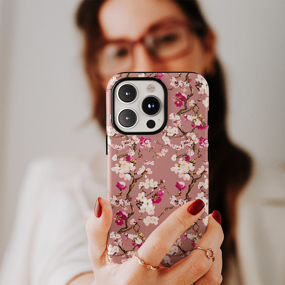 เคส iPhone Sakura แบบด้านแข็งพิมพ์ลายด้วยมือสองชั้น 