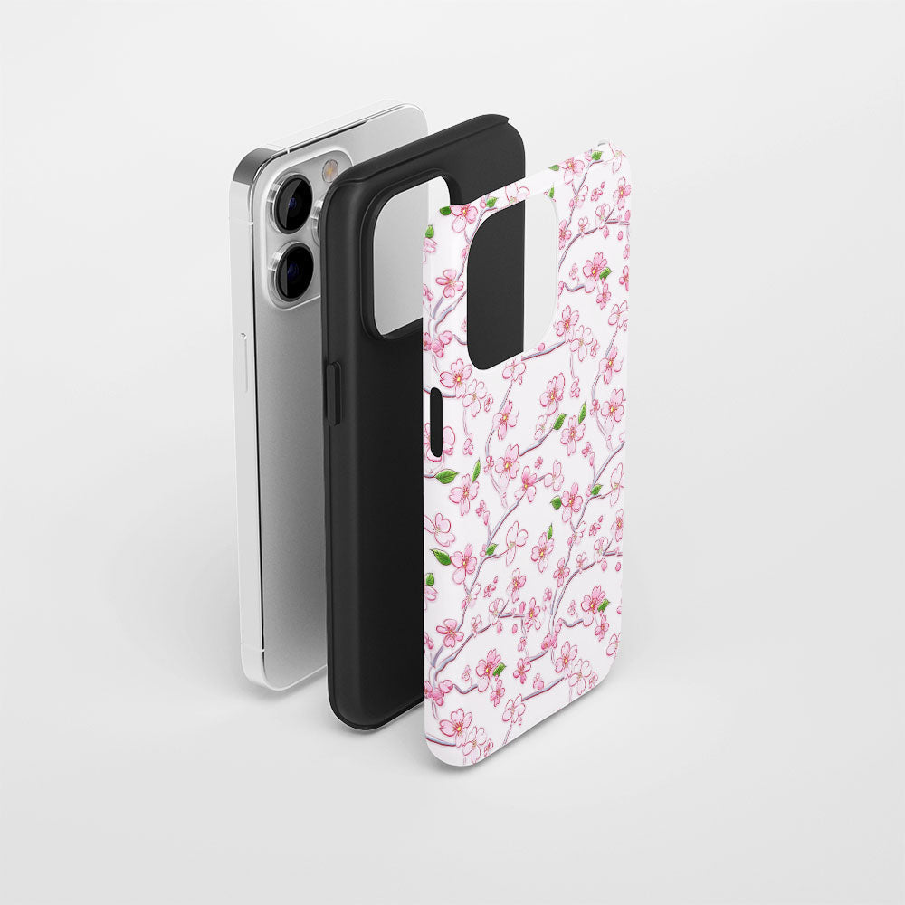 เคส iPhone Sakura แบบด้านแข็งพิมพ์ลายด้วยมือสองชั้น 