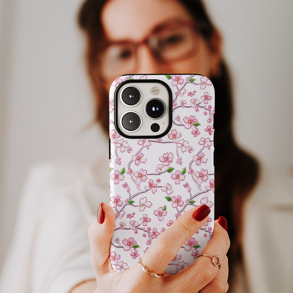 เคส iPhone Sakura แบบด้านแข็งพิมพ์ลายด้วยมือสองชั้น 