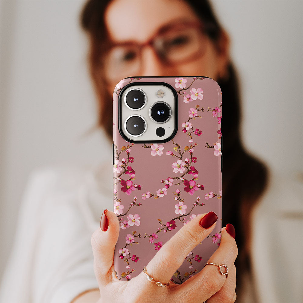 เคส iPhone Sakura แบบด้านแข็งพิมพ์ลายด้วยมือสองชั้น 