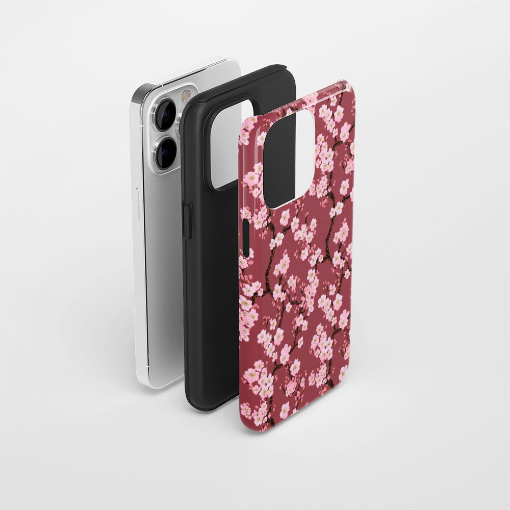 เคส iPhone Sakura แบบด้านแข็งพิมพ์ลายด้วยมือสองชั้น 